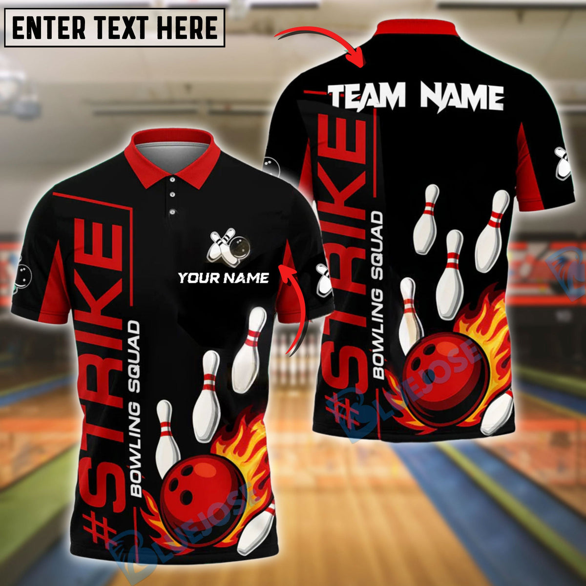 BlueJose Bowling And Pins Strike Design Flaming Ball Customized Name, Team Name 3D Shirt (4 Colors)