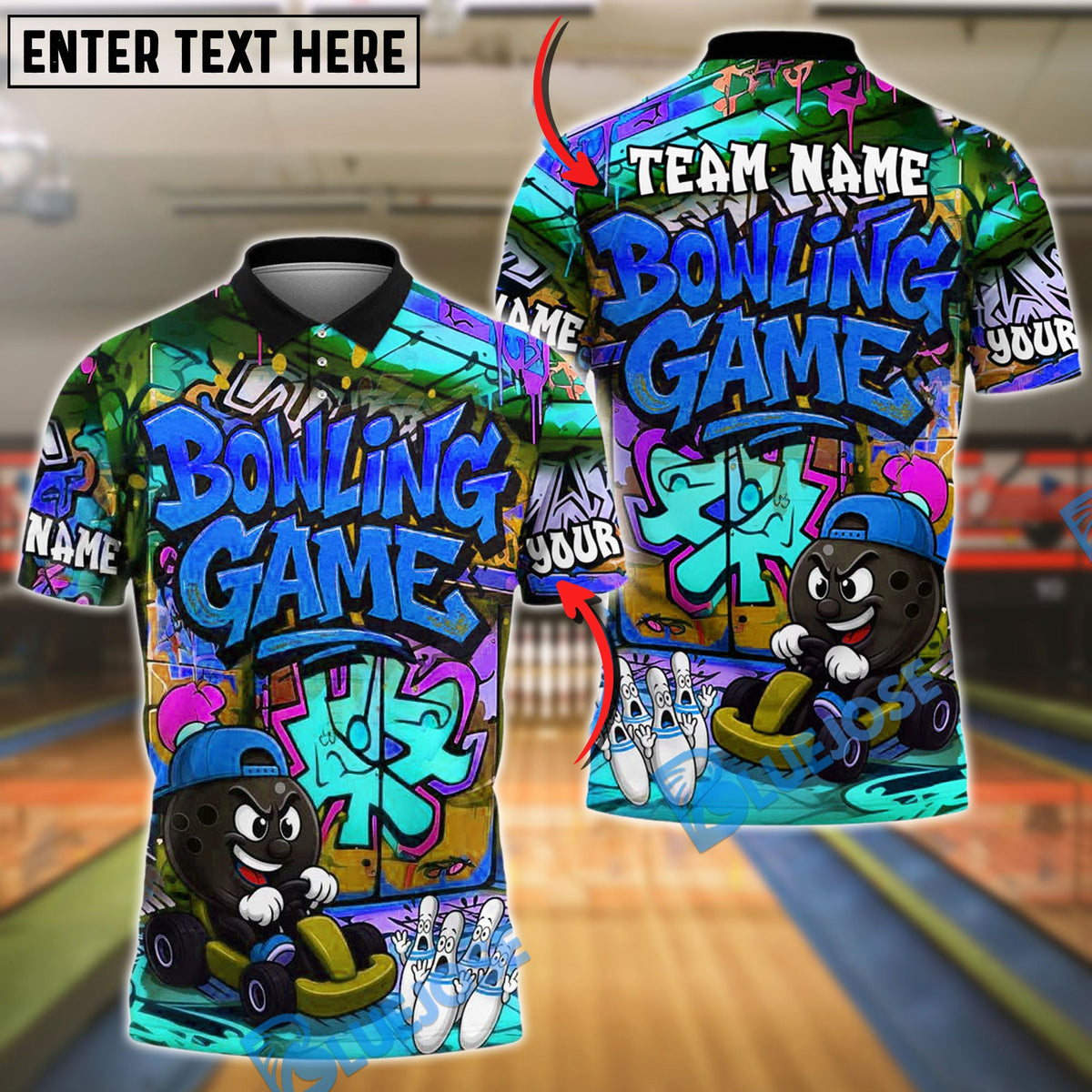 BlueJose Bowling And Pins Kart Graffiti Cartoon Street Style Customized Name, Team Name 3D Shirt (4 Colors)