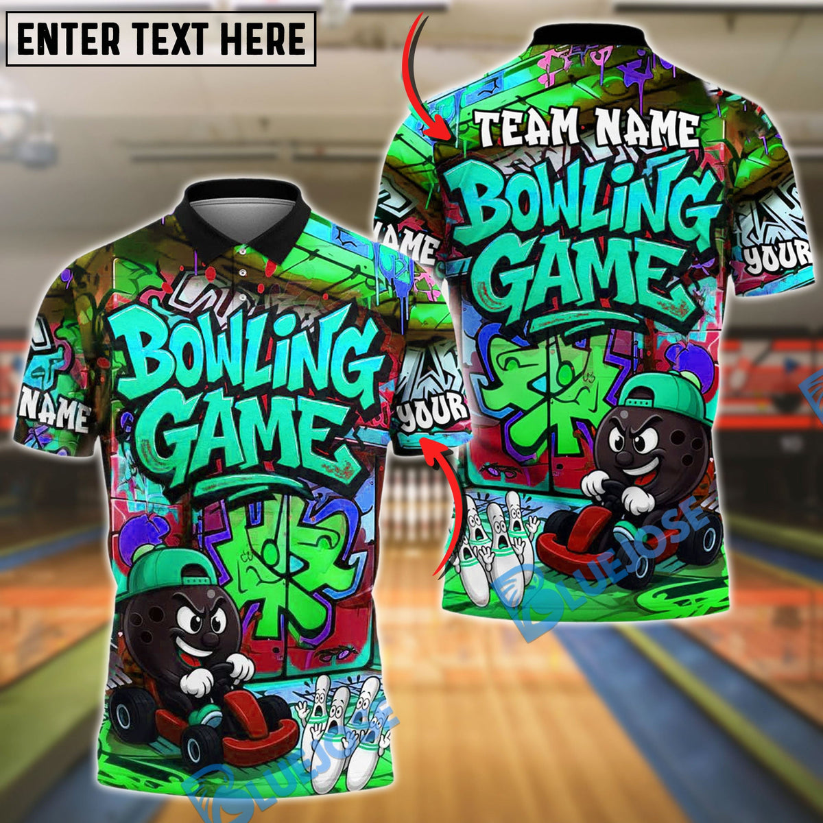 BlueJose Bowling And Pins Kart Graffiti Cartoon Street Style Customized Name, Team Name 3D Shirt (4 Colors)
