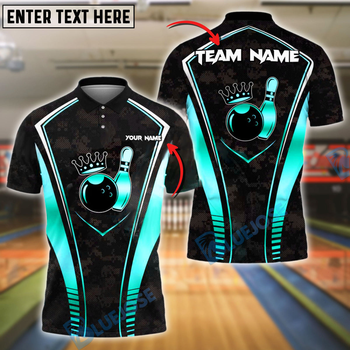 BlueJose Bowling And Pins Gold Crown Strike Design Customized Name, Team Name 3D Shirt (4 Colors)