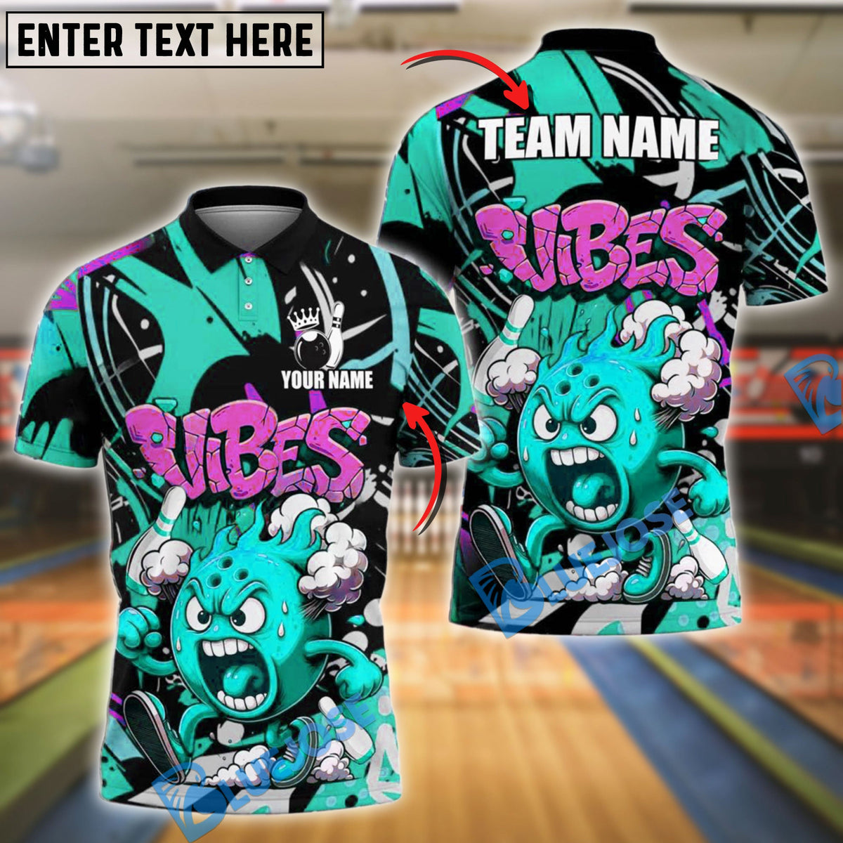 BlueJose Bowling Fireball Graffiti Style Customized Name, Team Name 3D Shirt (4 Colors)
