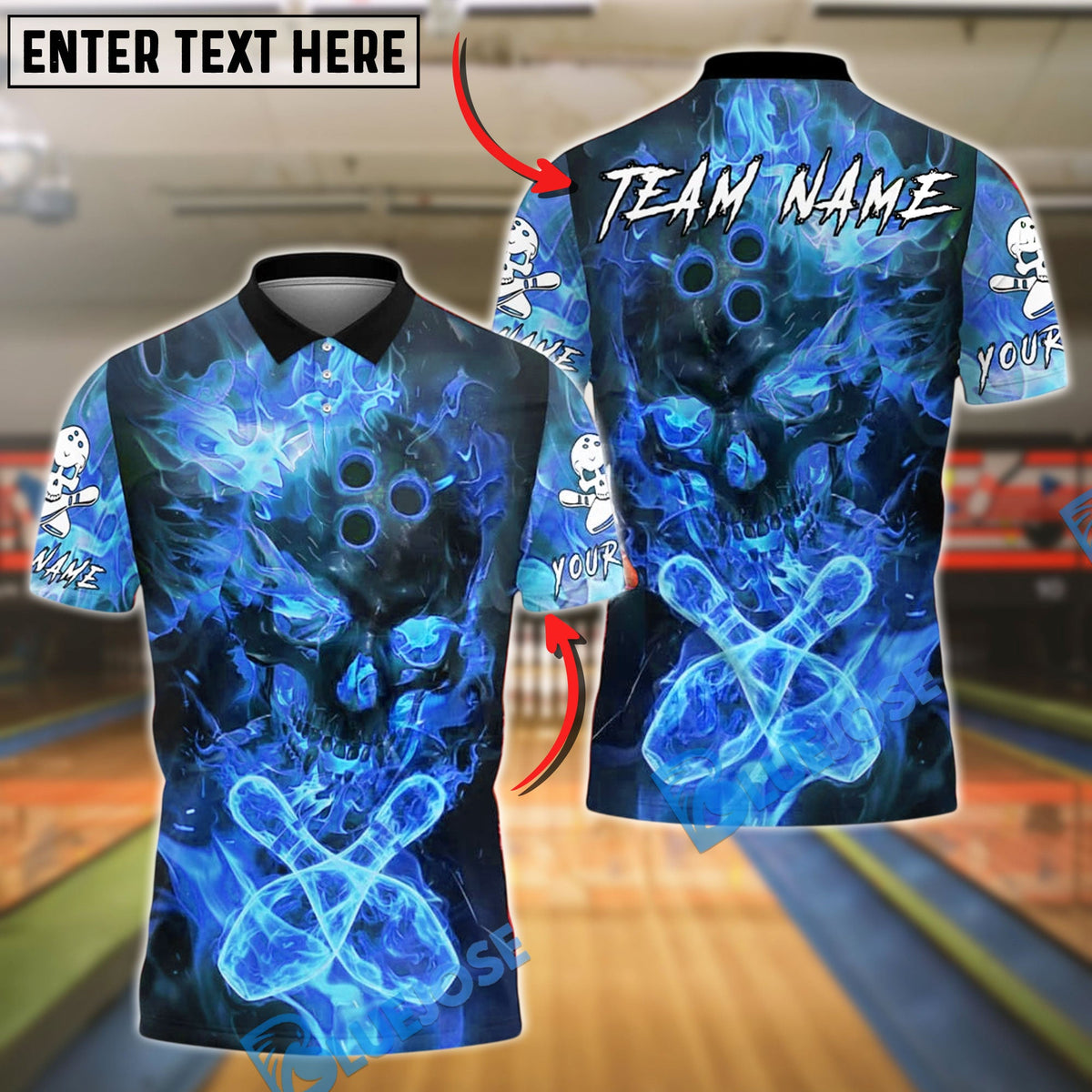BlueJose Bowling And Pins Fire Skull Flame Effect Customized Name, Team Name 3D Shirt (4 Colors)