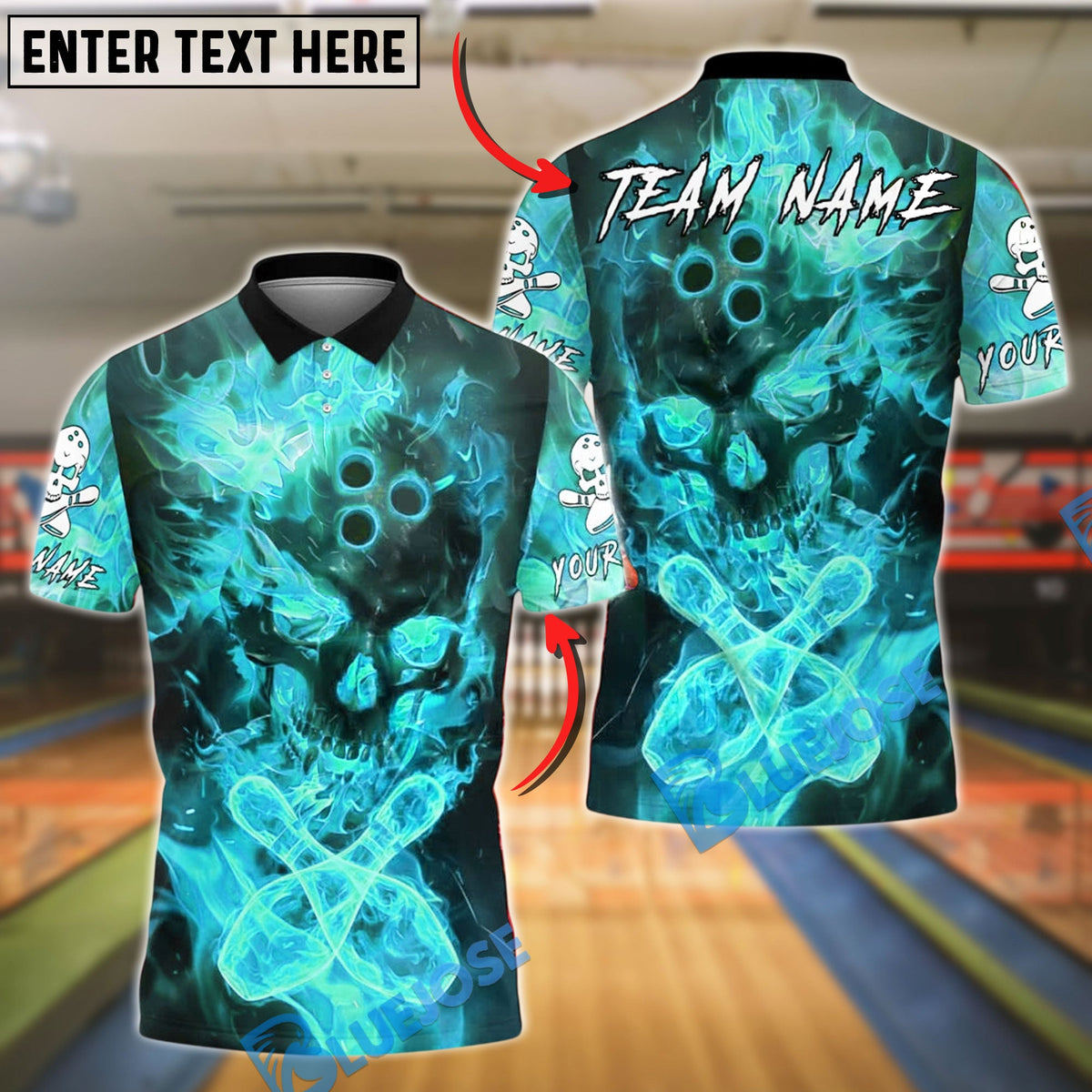 BlueJose Bowling And Pins Fire Skull Flame Effect Customized Name, Team Name 3D Shirt (4 Colors)