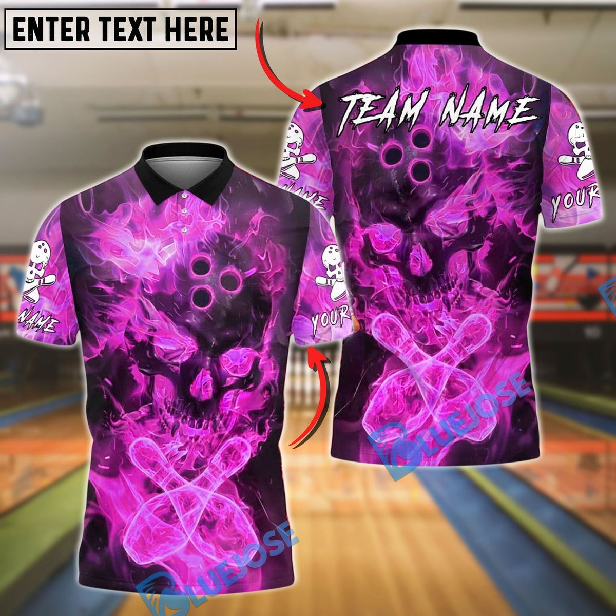 BlueJose Bowling And Pins Fire Skull Flame Effect Customized Name, Team Name 3D Shirt (4 Colors)