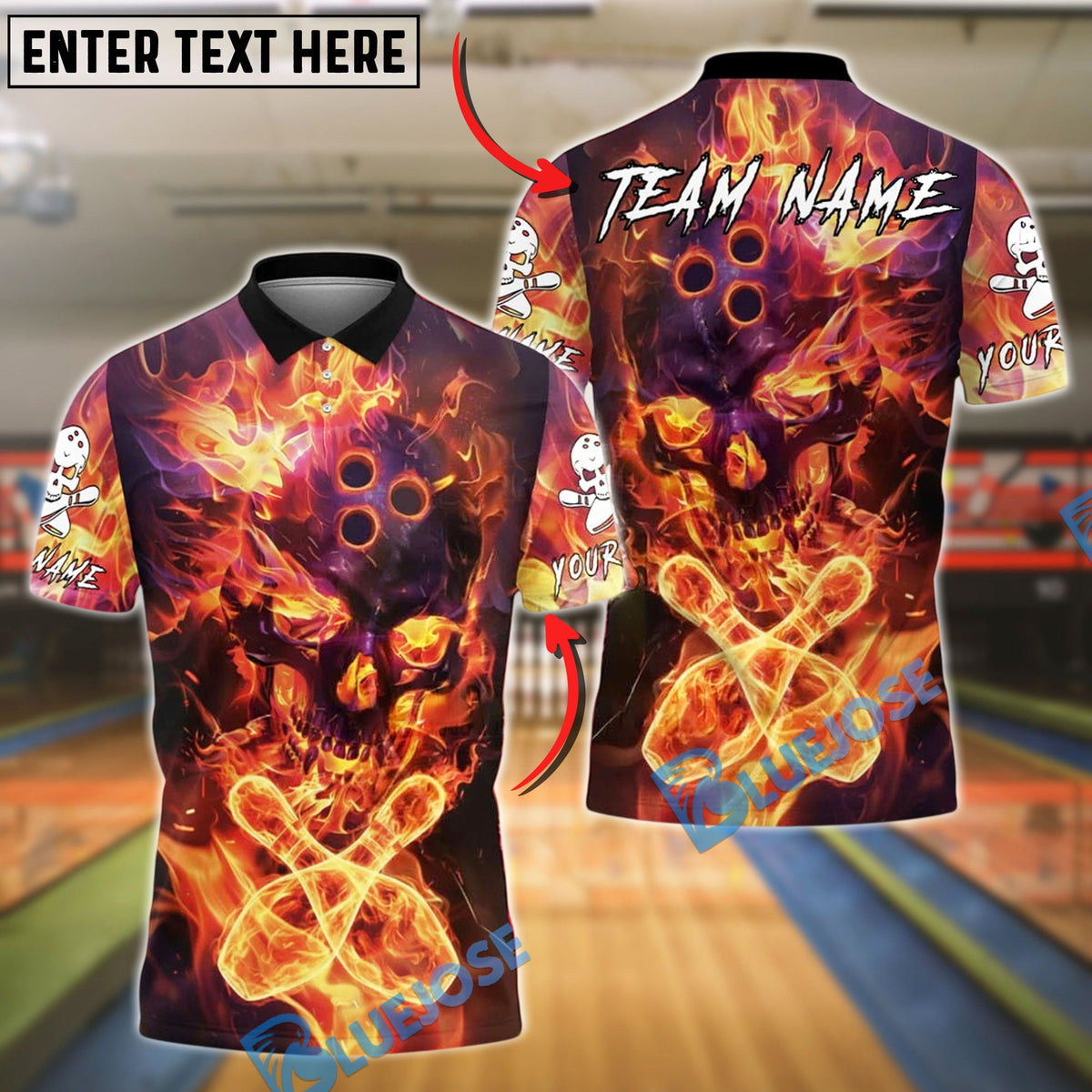 BlueJose Bowling And Pins Fire Skull Flame Effect Customized Name, Team Name 3D Shirt (4 Colors)