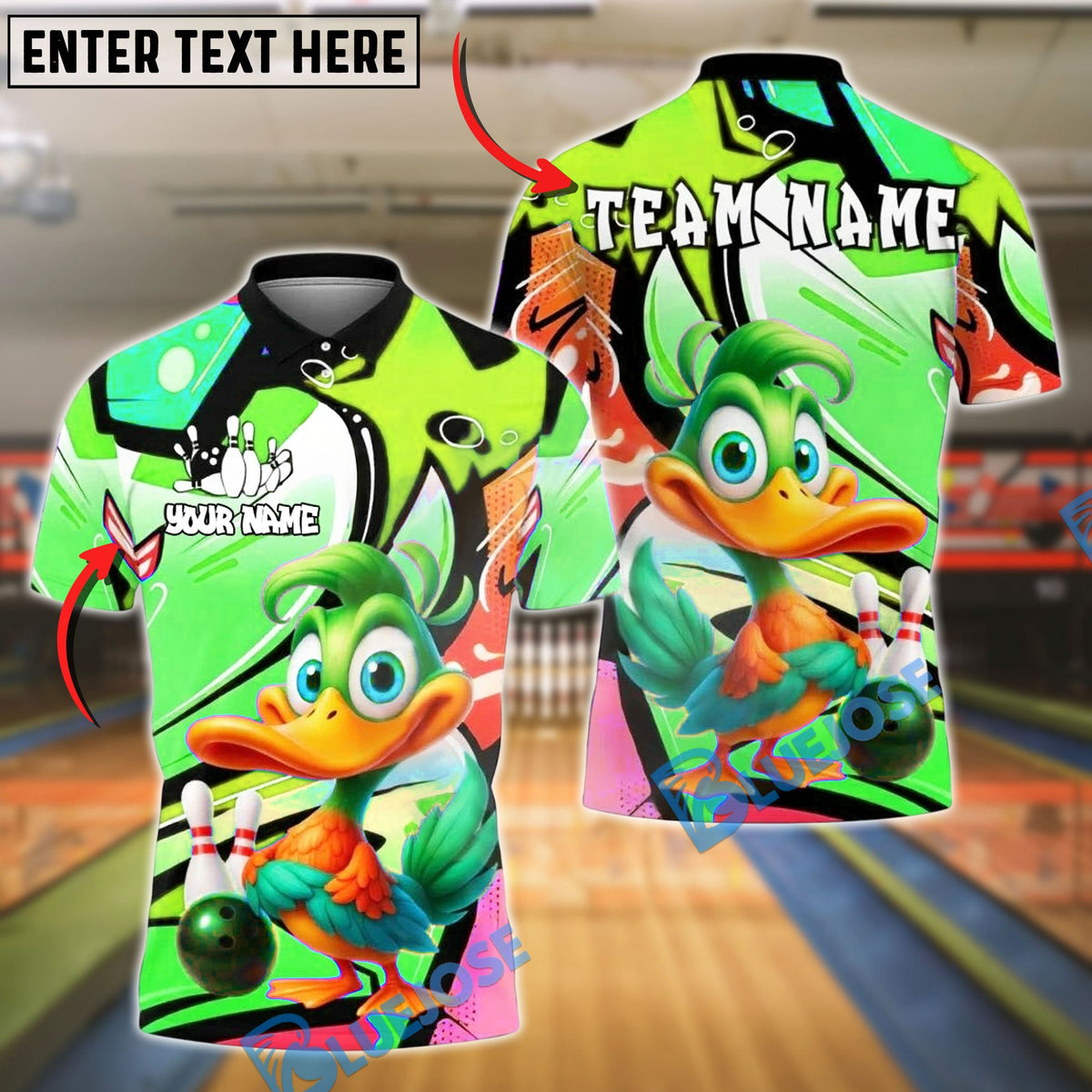 BlueJose Bowling And Pins Cartoon Duck Graffiti Customized Name, Team Name 3D Shirt (4 Colors)