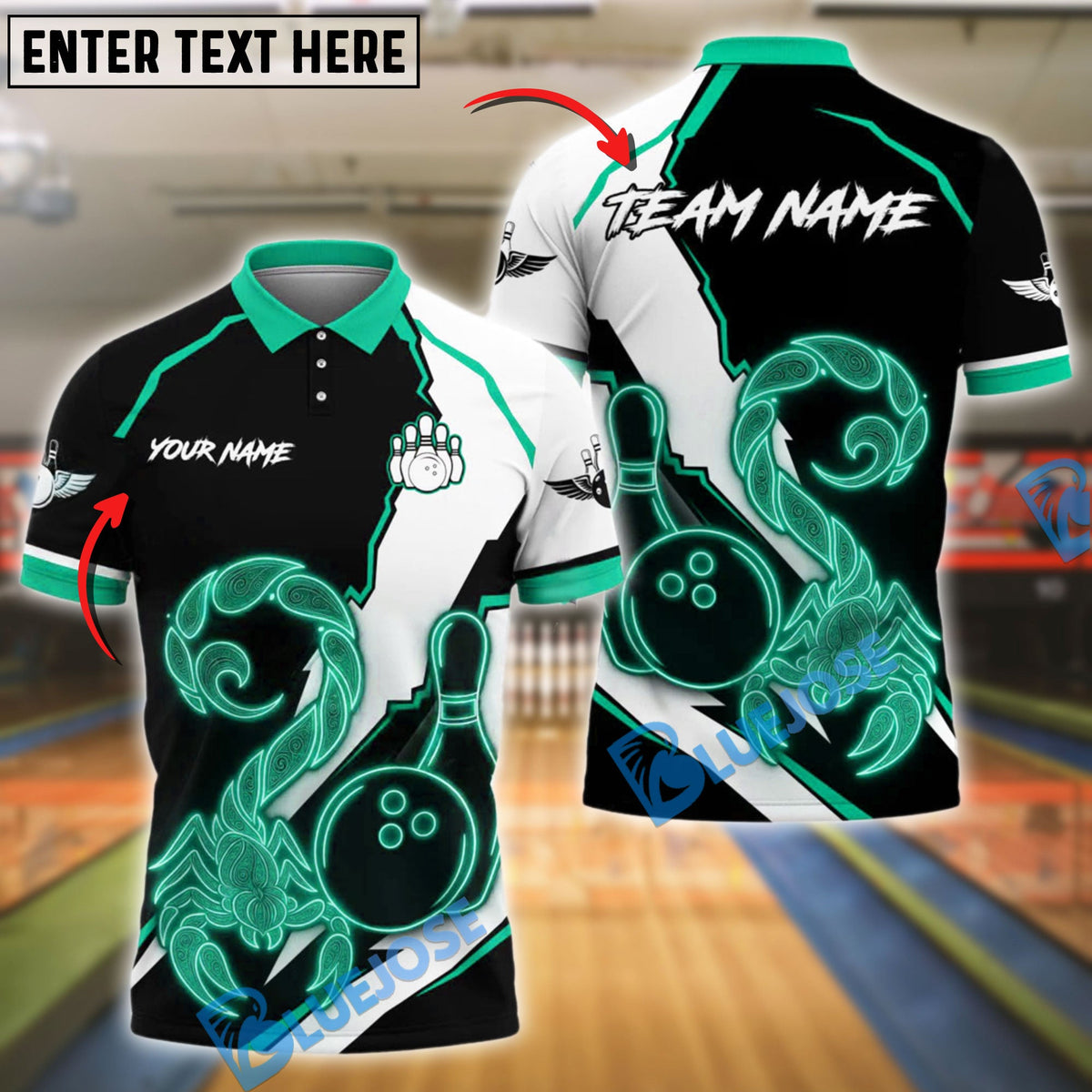 BlueJose Bowling Scorpion Neon Strike Design Customized Name, Team Name 3D Shirt (4 Colors)