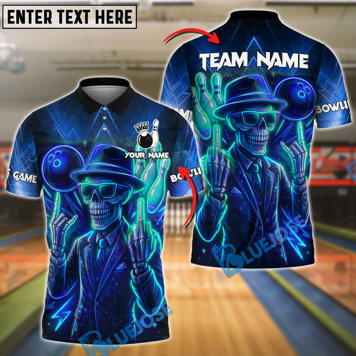 BlueJose Bowling And Pins Skeleton Neon Attitude Customized Name, Team Name 3D Shirt (4 Colors)