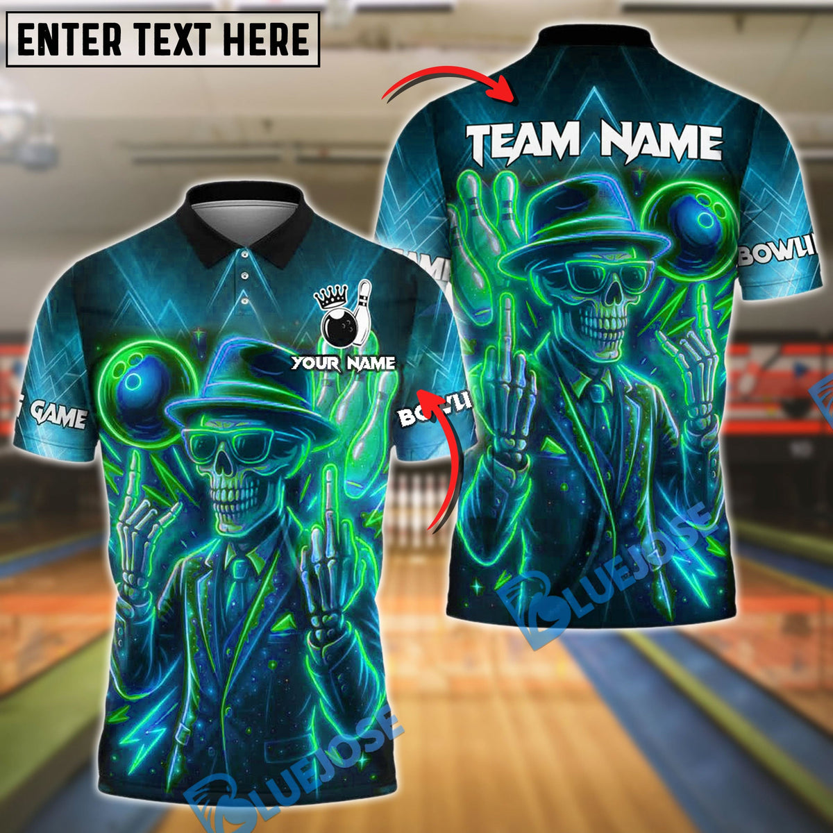 BlueJose Bowling And Pins Skeleton Neon Attitude Customized Name, Team Name 3D Shirt (4 Colors)