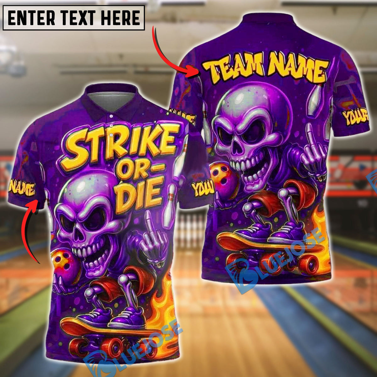 BlueJose Bowling And Pins Strike or Die Flaming Skeleton Skateboard Style Customized Name, Team Name 3D Shirt (4 Colors)