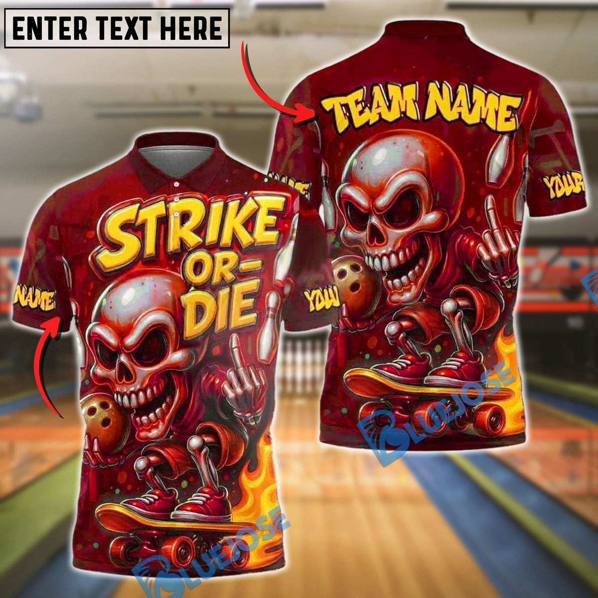 BlueJose Bowling And Pins Strike or Die Flaming Skeleton Skateboard Style Customized Name, Team Name 3D Shirt (4 Colors)
