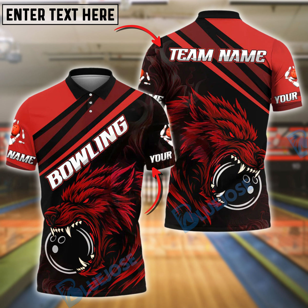 BlueJose Bowling Red Wolf Graphic Street Art Style Customized Name, Team Name 3D Shirt (4 Colors)
