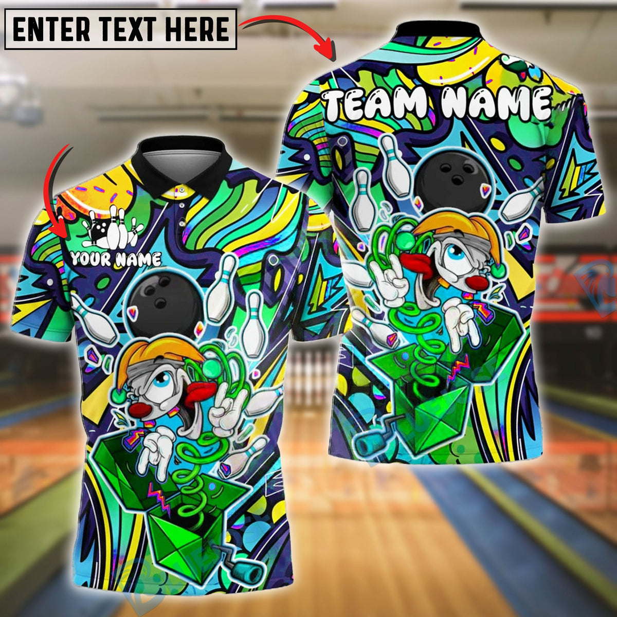 BlueJose Bowling And Pins Colorblast Cartoon Character Customized Name, Team Name 3D Shirt (4 Colors)