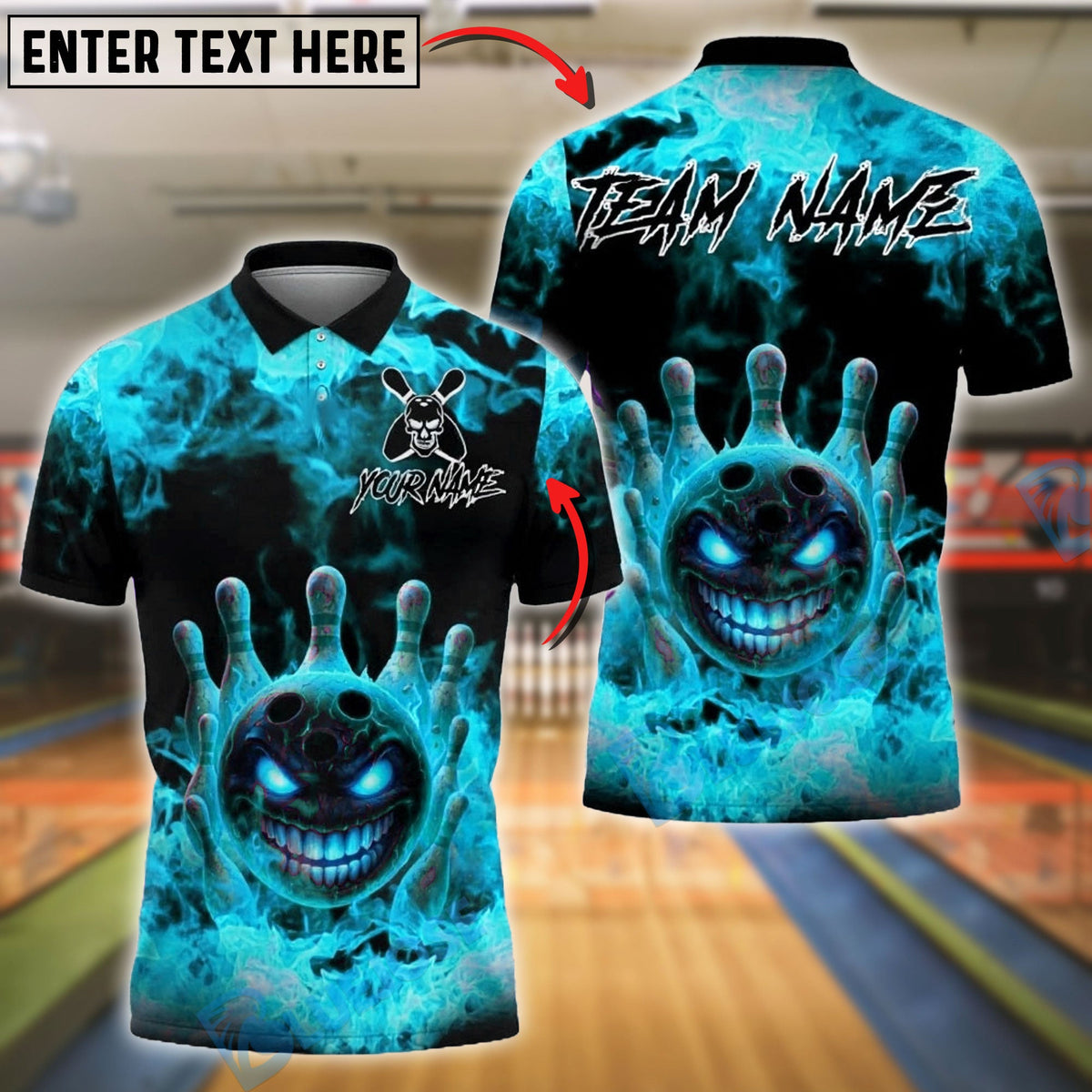 BlueJose Bowling And Pins Flaming Evil Ball Customized Name, Team Name 3D Shirt (4 Colors)