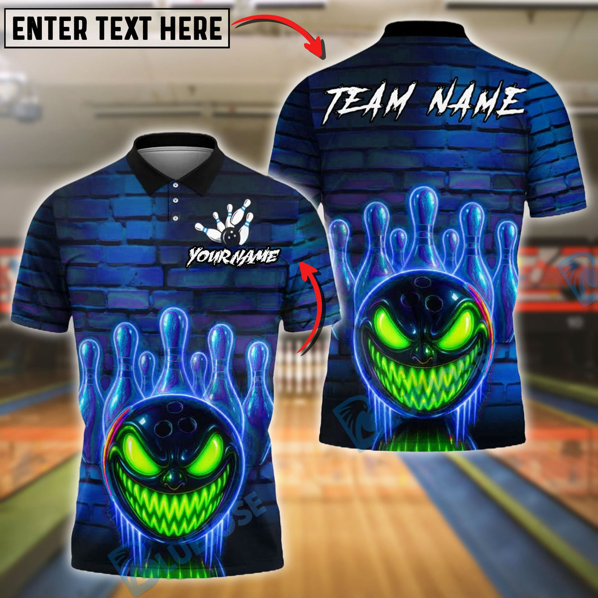 BlueJose Bowling And Pins Neon Graffiti Evil Ball Customized Name, Team Name 3D Shirt (4 Colors)
