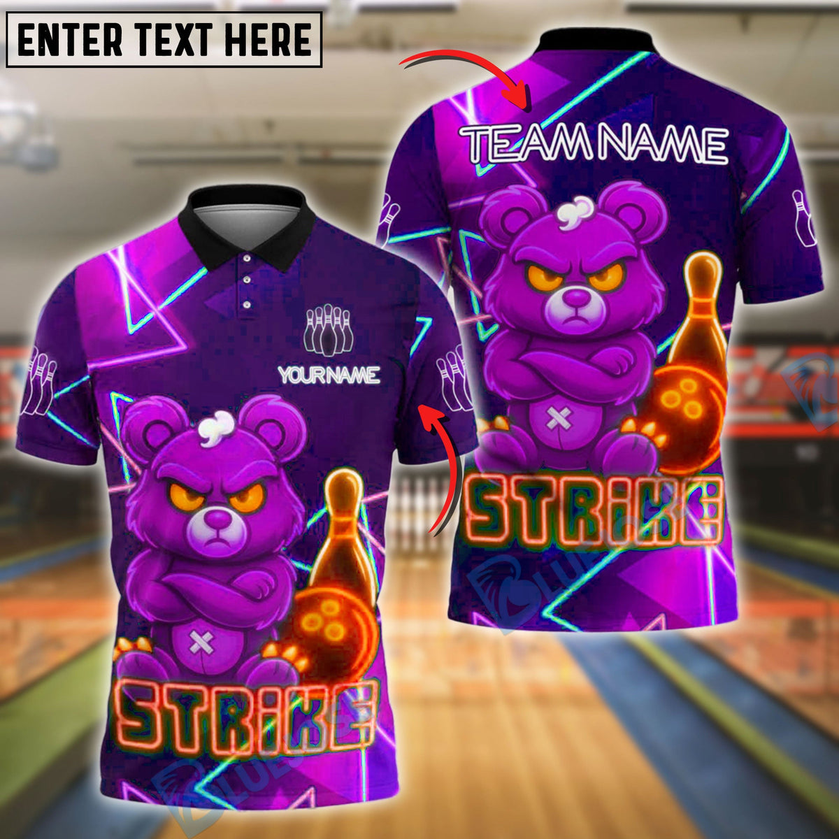 BlueJose Bowling And Pins Tough Bear Strike Neon Glow Customized Name, Team Name 3D Shirt (4 Colors)