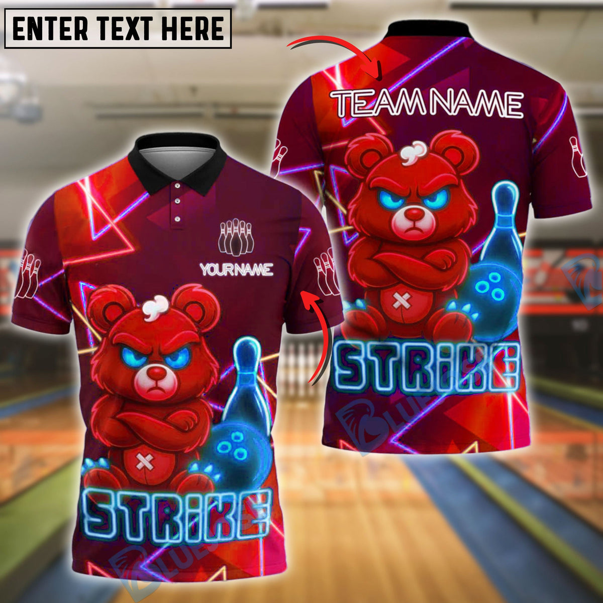 BlueJose Bowling And Pins Tough Bear Strike Neon Glow Customized Name, Team Name 3D Shirt (4 Colors)
