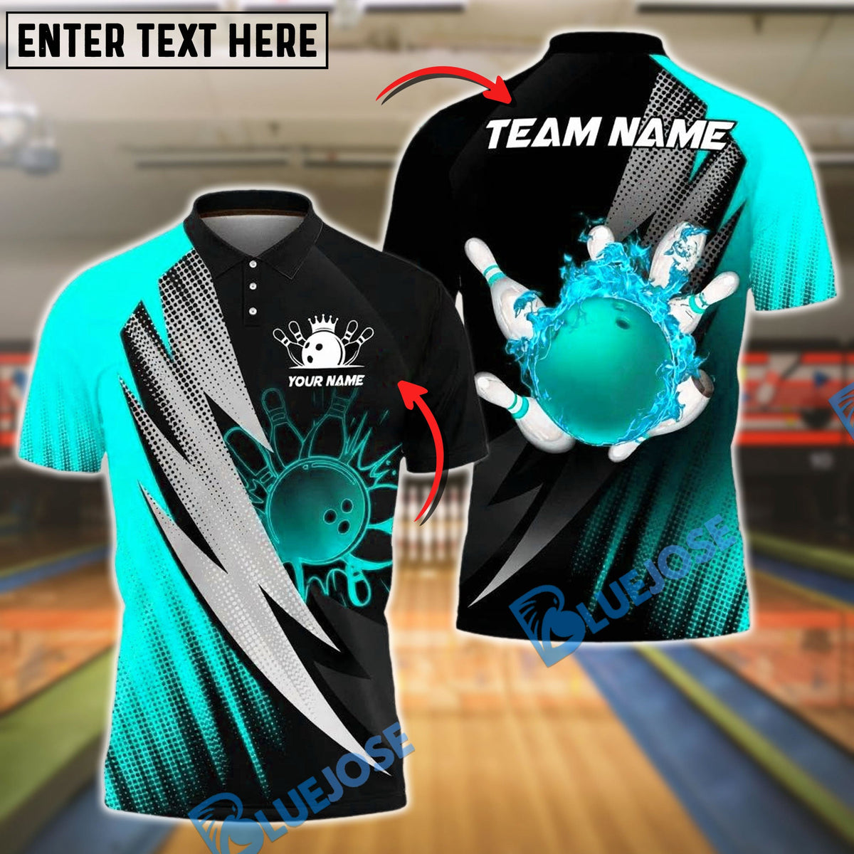 BlueJose Bowling Splashing Ball & Strike Effect Customized Name, Team Name 3D Shirt (4 Colors)