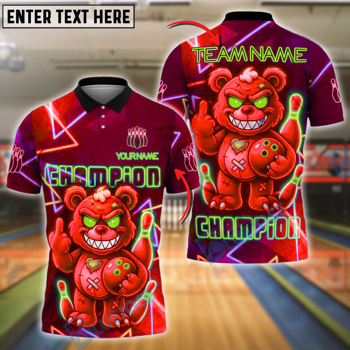 BlueJose Bowling And Pins Angry Bear Champion Neon Attitude Customized Name, Team Name 3D Shirt (4 Colors)