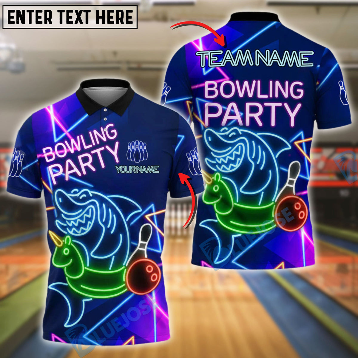BlueJose Bowling And Pins Funny Shark Unicorn Float Bowling Party Neon Style Customized Name, Team Name 3D Shirt (4 Colors)