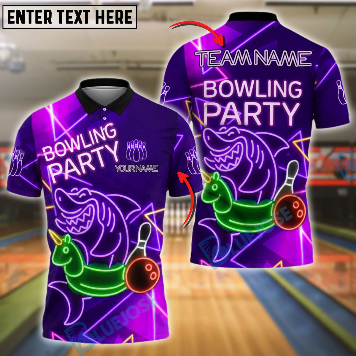 BlueJose Bowling And Pins Funny Shark Unicorn Float Bowling Party Neon Style Customized Name, Team Name 3D Shirt (4 Colors)