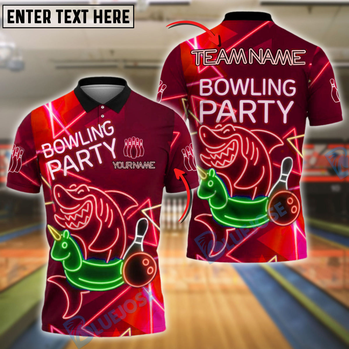 BlueJose Bowling And Pins Funny Shark Unicorn Float Bowling Party Neon Style Customized Name, Team Name 3D Shirt (4 Colors)
