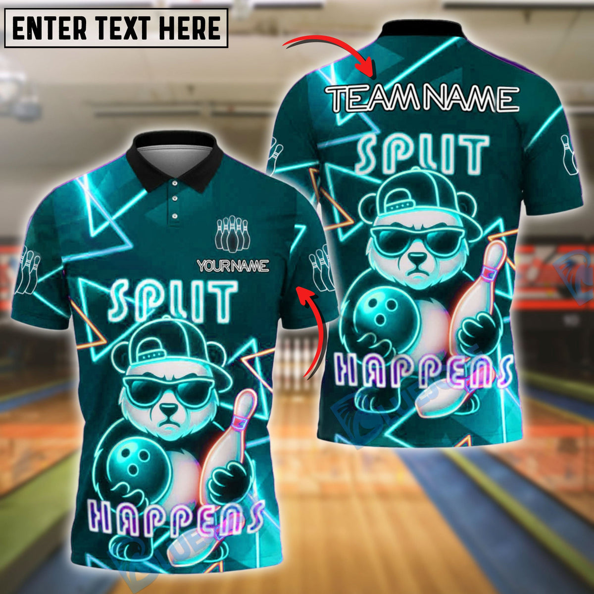 BlueJose Bowling And Pins Cool Panda Split Happens Neon Design Customized Name, Team Name 3D Shirt (4 Colors)