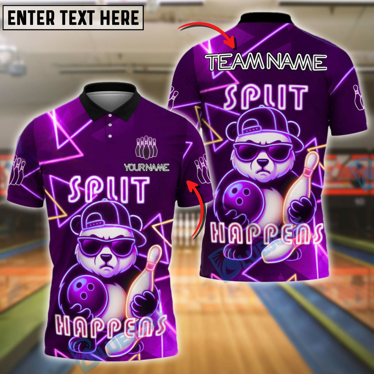BlueJose Bowling And Pins Cool Panda Split Happens Neon Design Customized Name, Team Name 3D Shirt (4 Colors)
