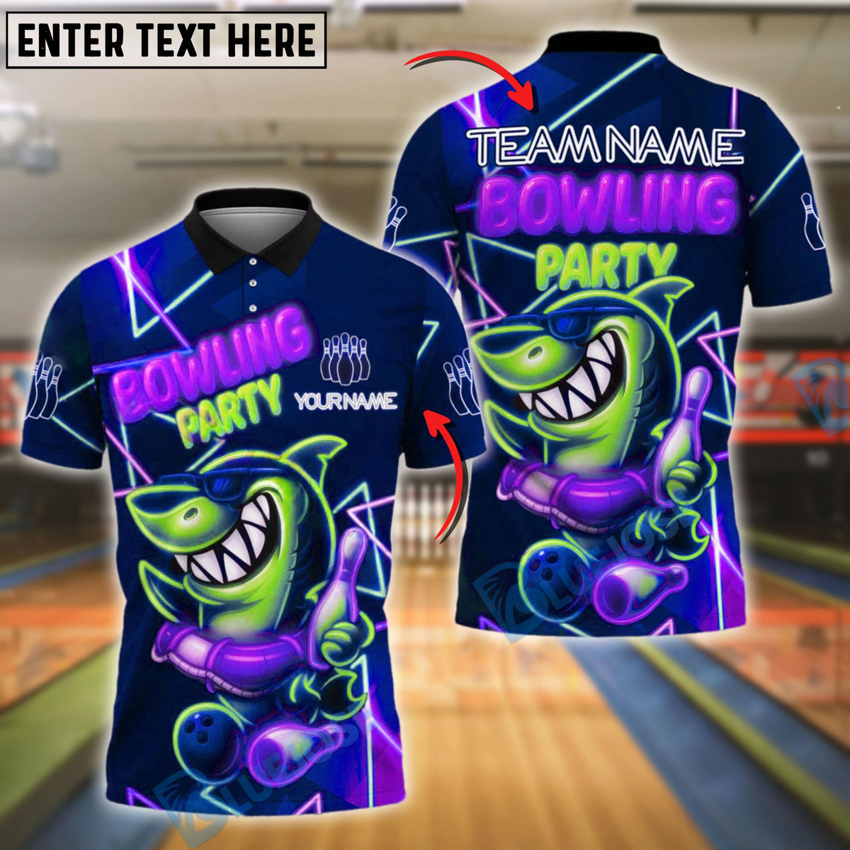 BlueJose Bowling And Pins Neon Shark Theme Bowling Party Customized Name, Team Name 3D Shirt (4 Colors)