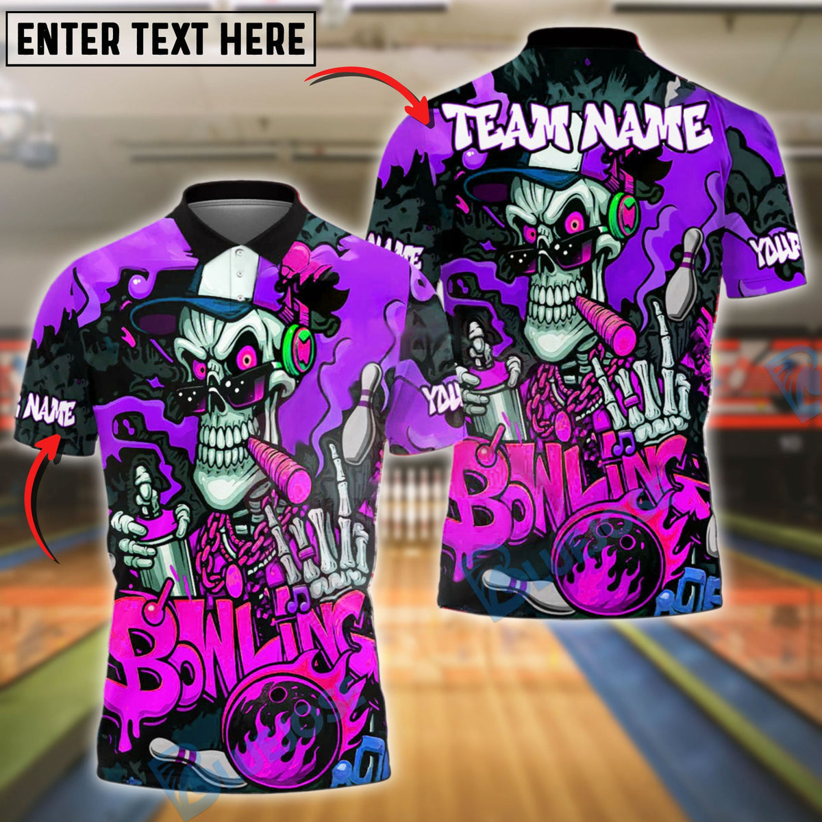 BlueJose Bowling Skeleton Graffiti Flames Style Customized Name, Team Name 3D Shirt (4 Colors)