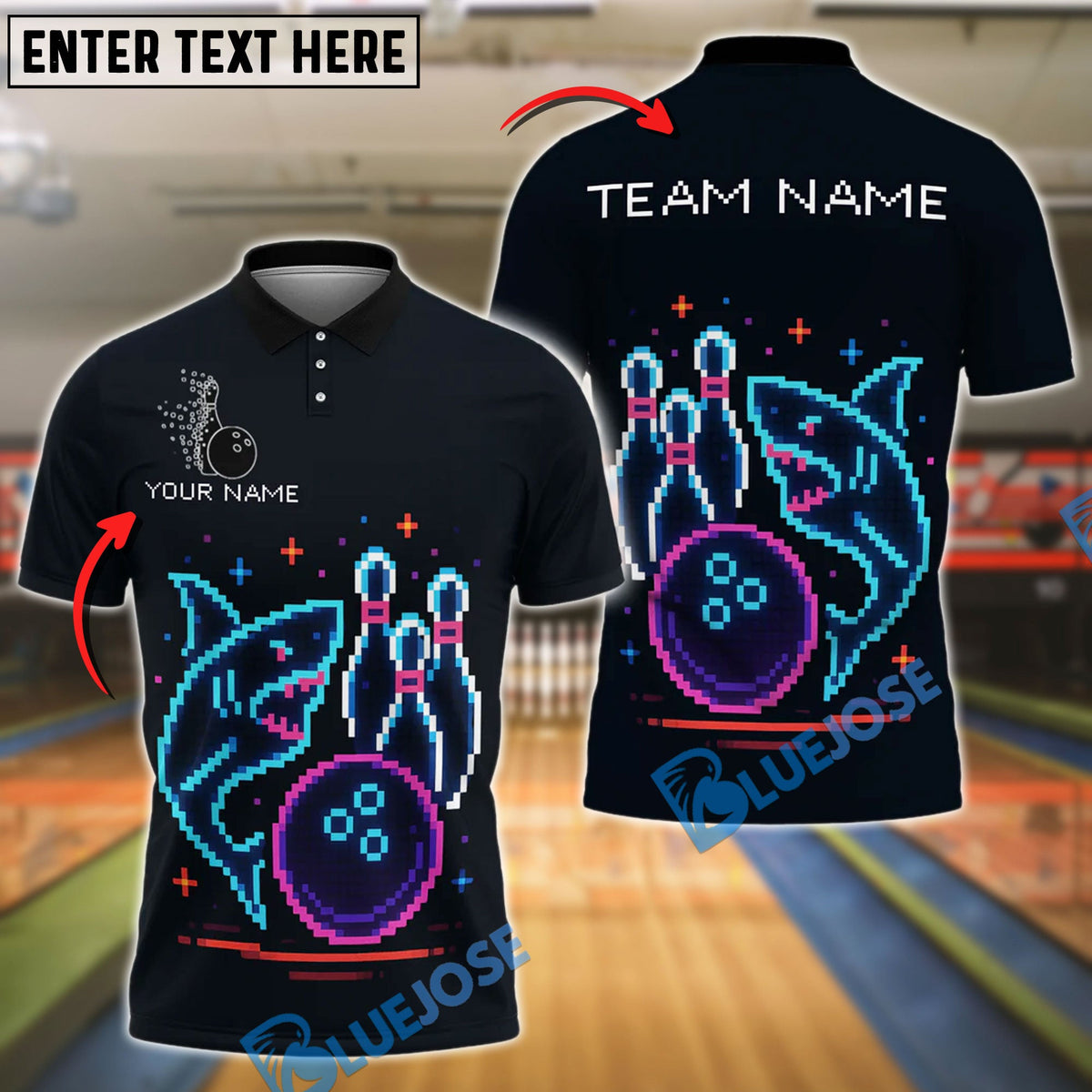 BlueJose Bowling Shark Attack Neon Glow Personalized Name, Team Name Unisex Shirt
