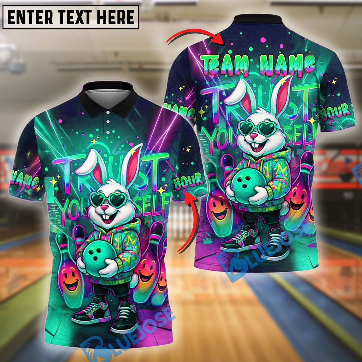 BlueJose Bowling And Pins Trust Yourself Bunny Neon Style Customized Name, Team Name 3D Shirt (4 Colors)