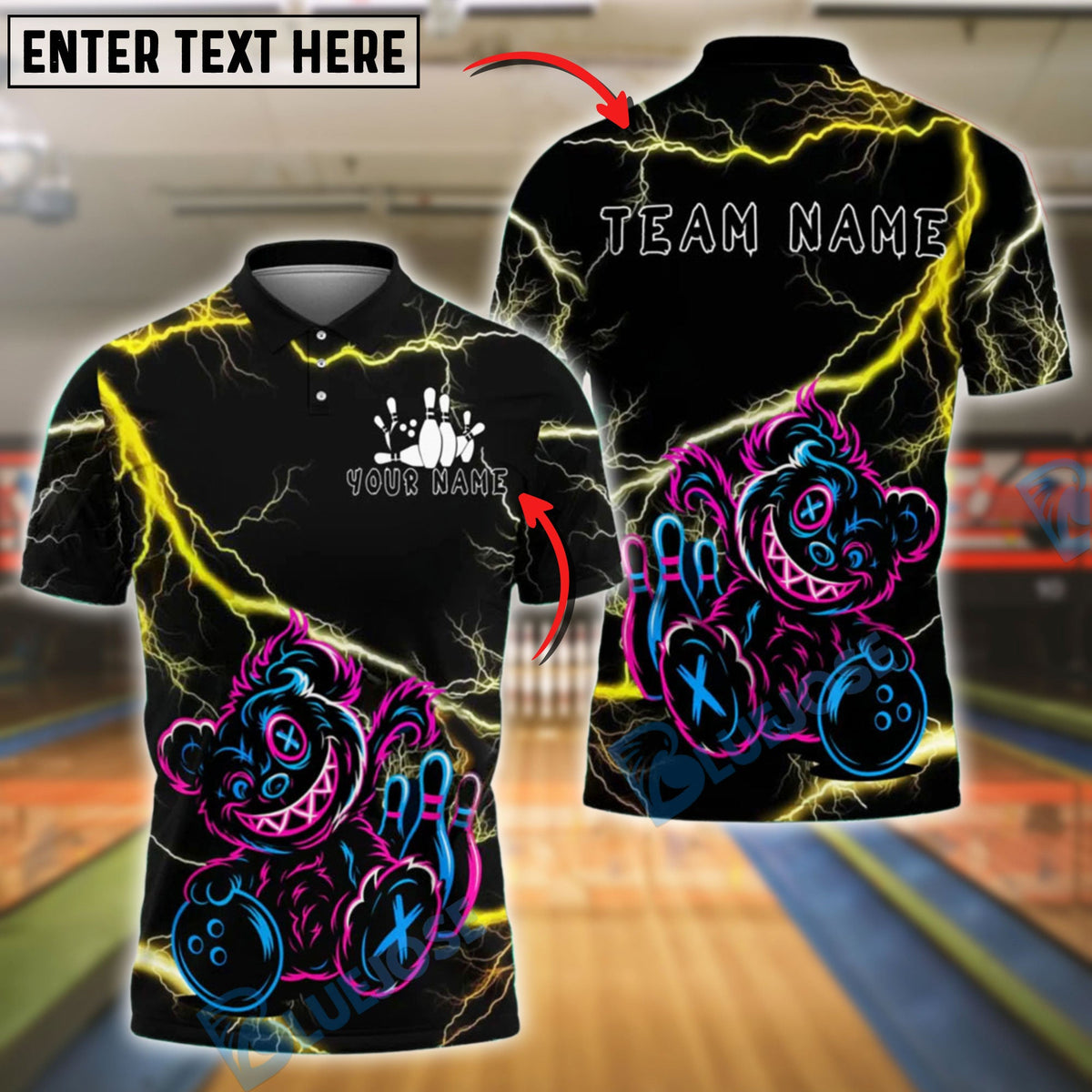 BlueJose Bowling And Pins Teddy Bear Cosmic Cute Customized Name, Team Name 3D Shirt (4 Colors)
