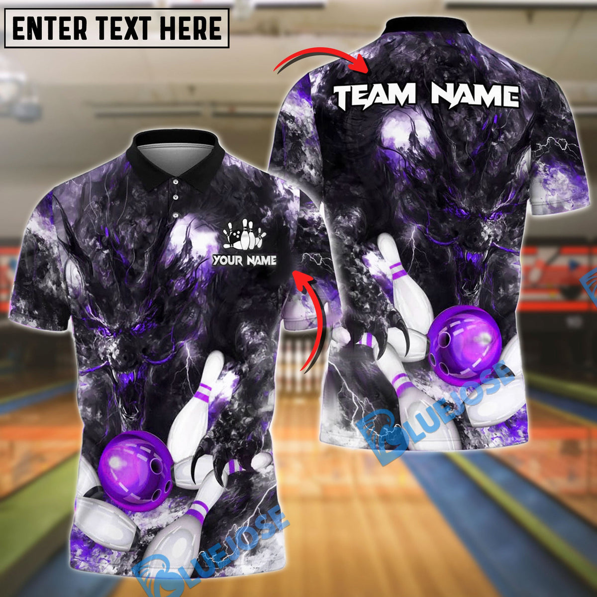 BlueJose Bowling And Pins Demon Strike Lightning Customized Name, Team Name 3D Shirt (4 Colors)