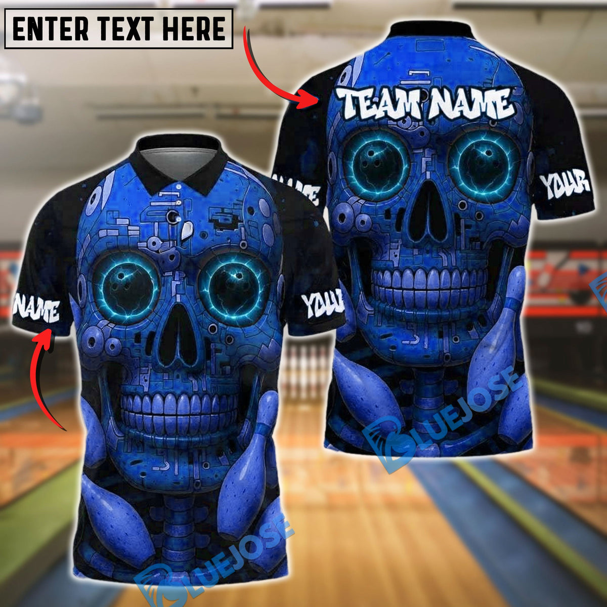 BlueJose Bowling And Pins Cyber Skull Tech Style Customized Name, Team Name 3D Shirt (4 Colors)