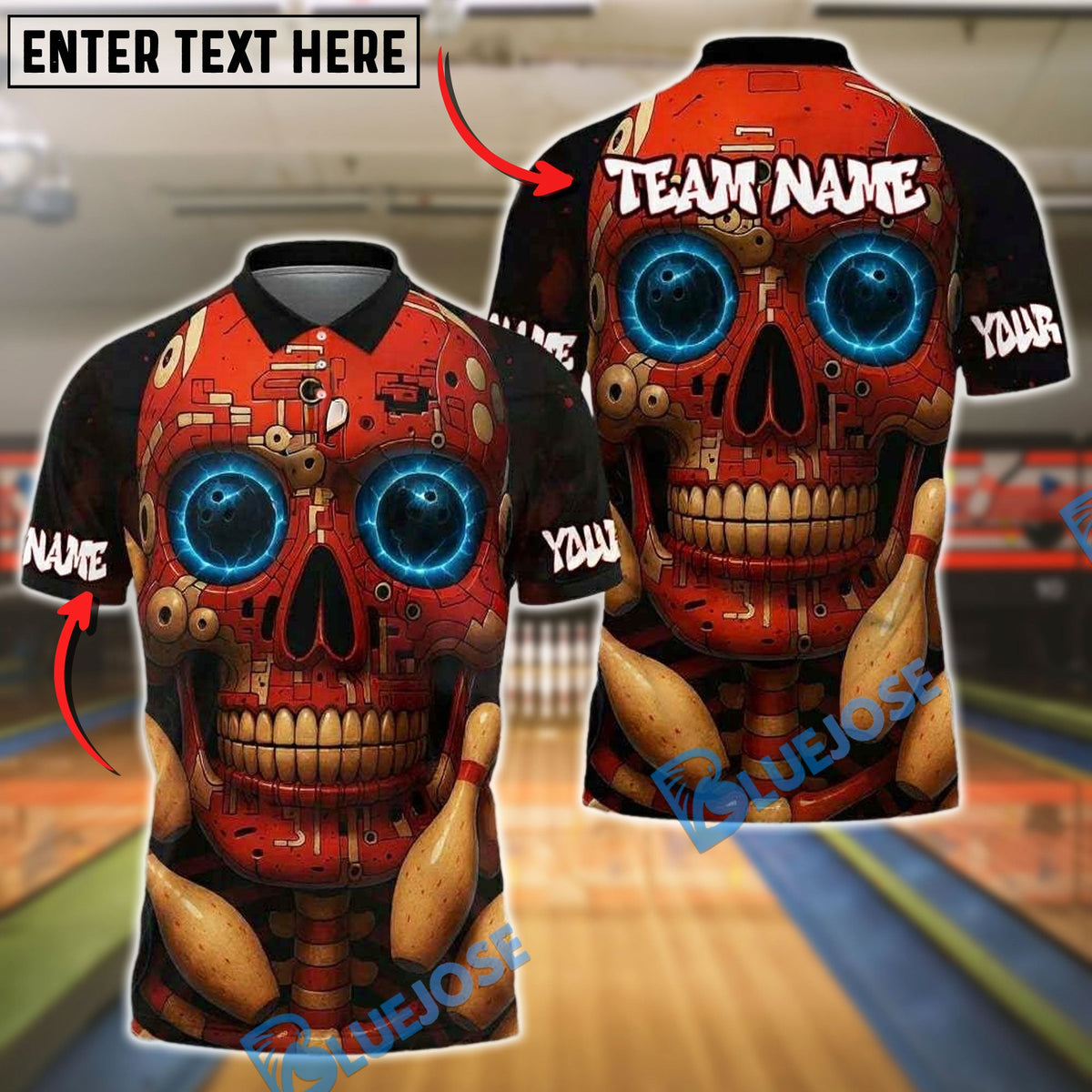 BlueJose Bowling And Pins Cyber Skull Tech Style Customized Name, Team Name 3D Shirt (4 Colors)