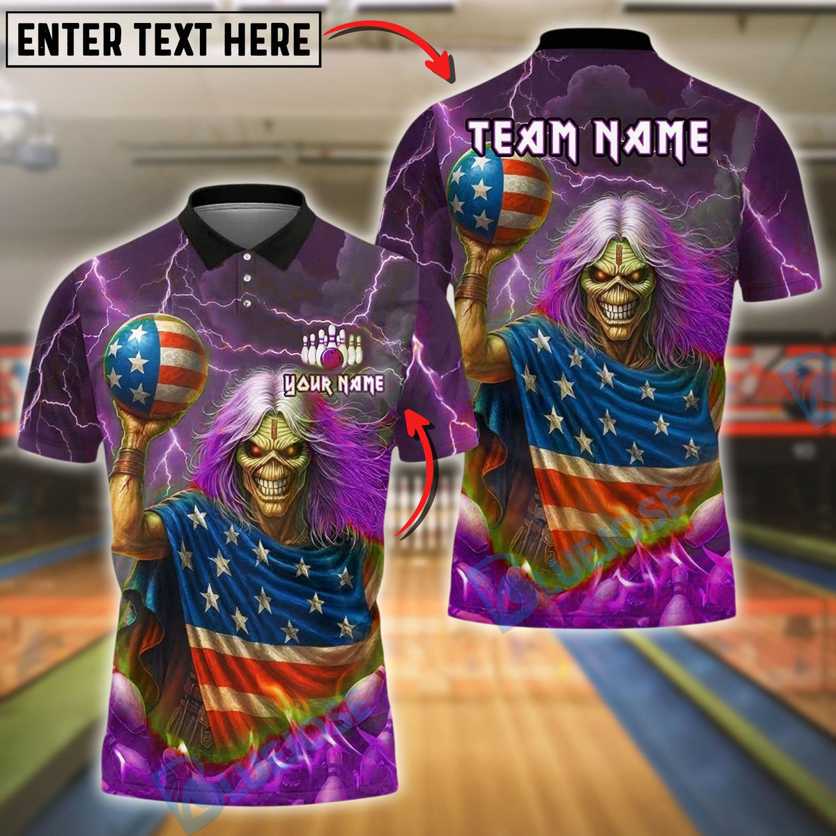 BlueJose Bowling And Pins Skull American Flag Flame Customized Name, Team Name 3D Shirt (4 Colors)