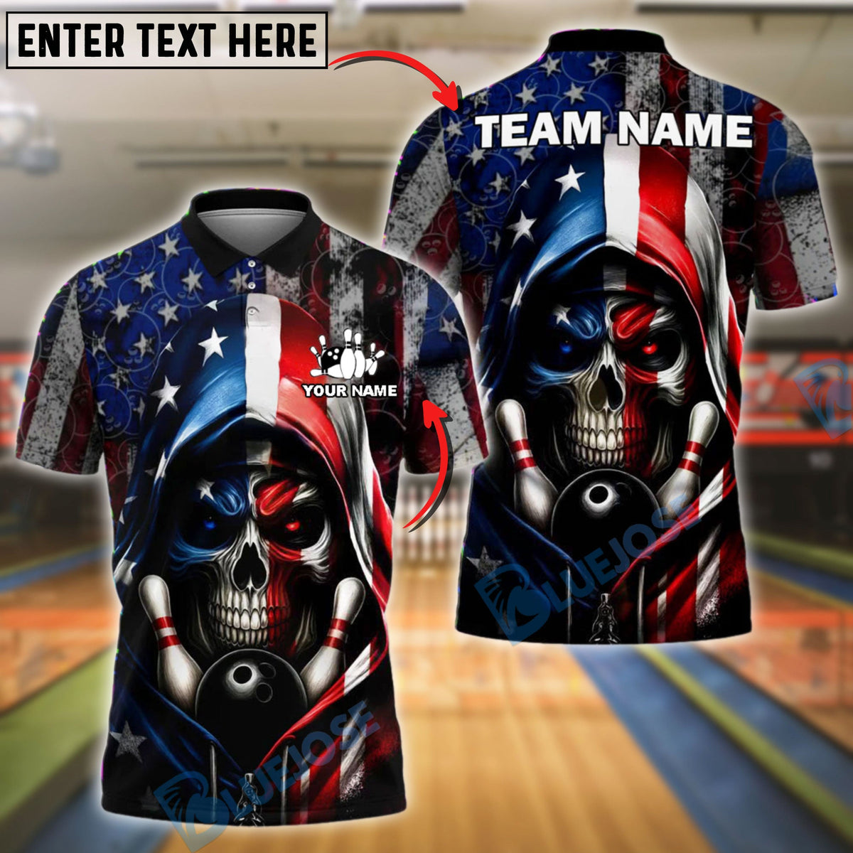 BlueJose Bowling Skull Hooded American Flag Personalized Name, Team Name 3D Shirt