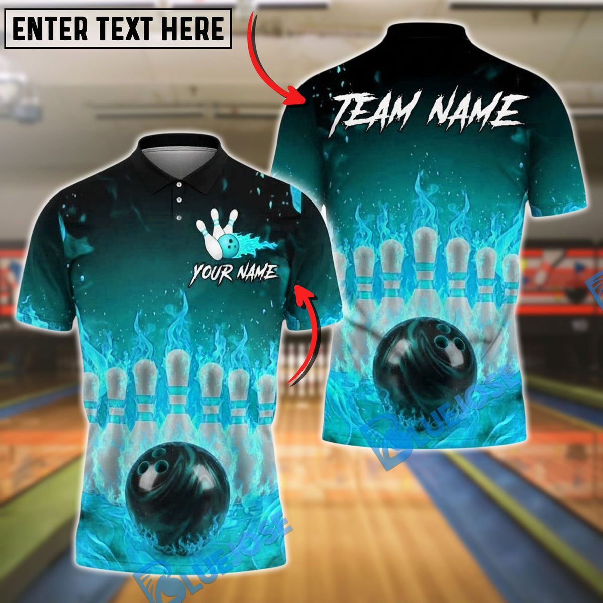 BlueJose Bowling And Pins Flaming Pins and Ball Customized Name, Team Name 3D Shirt (4 Colors)