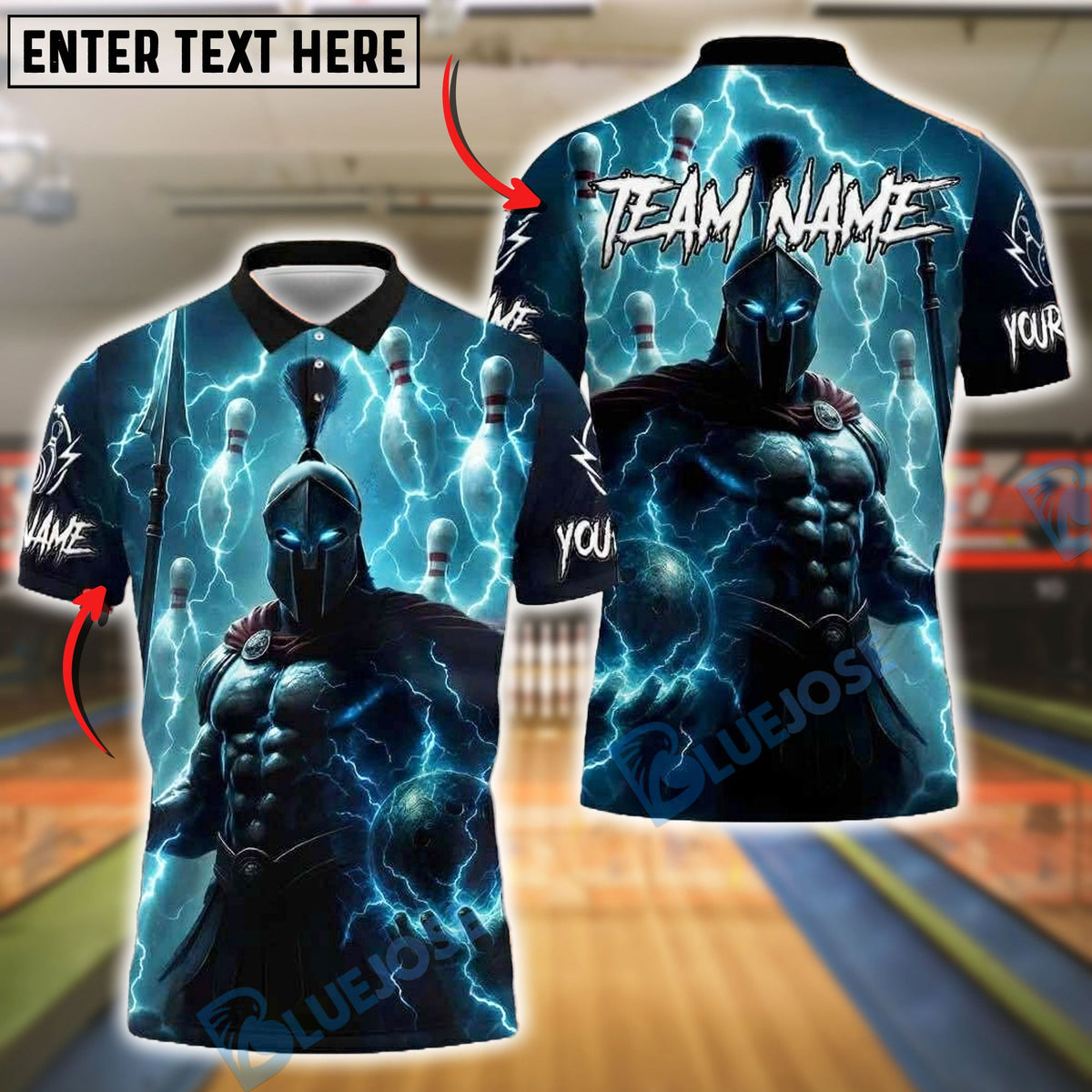 BlueJose Bowling And Pins Spartan Warrior Lightning Customized Name, Team Name 3D Shirt (4 Colors)