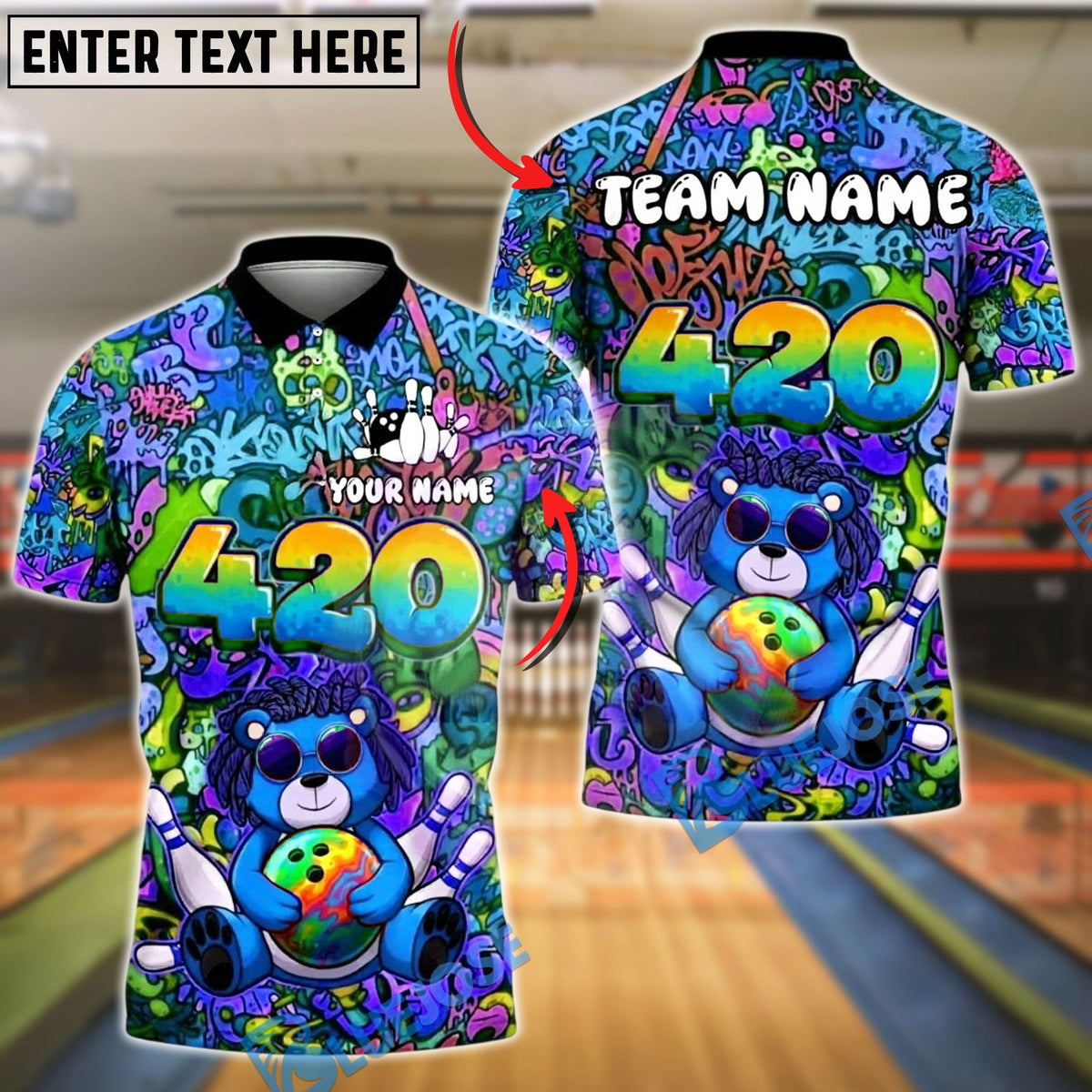 BlueJose Bowling And Pins Graffiti Bear 420 Customized Name, Team Name 3D Shirt (4 Colors)