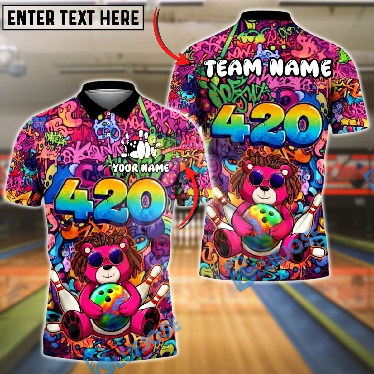 BlueJose Bowling And Pins Graffiti Bear 420 Customized Name, Team Name 3D Shirt (4 Colors)