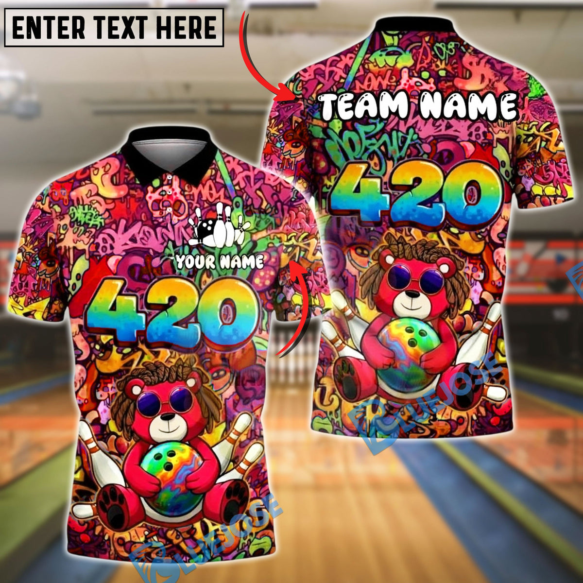BlueJose Bowling And Pins Graffiti Bear 420 Customized Name, Team Name 3D Shirt (4 Colors)