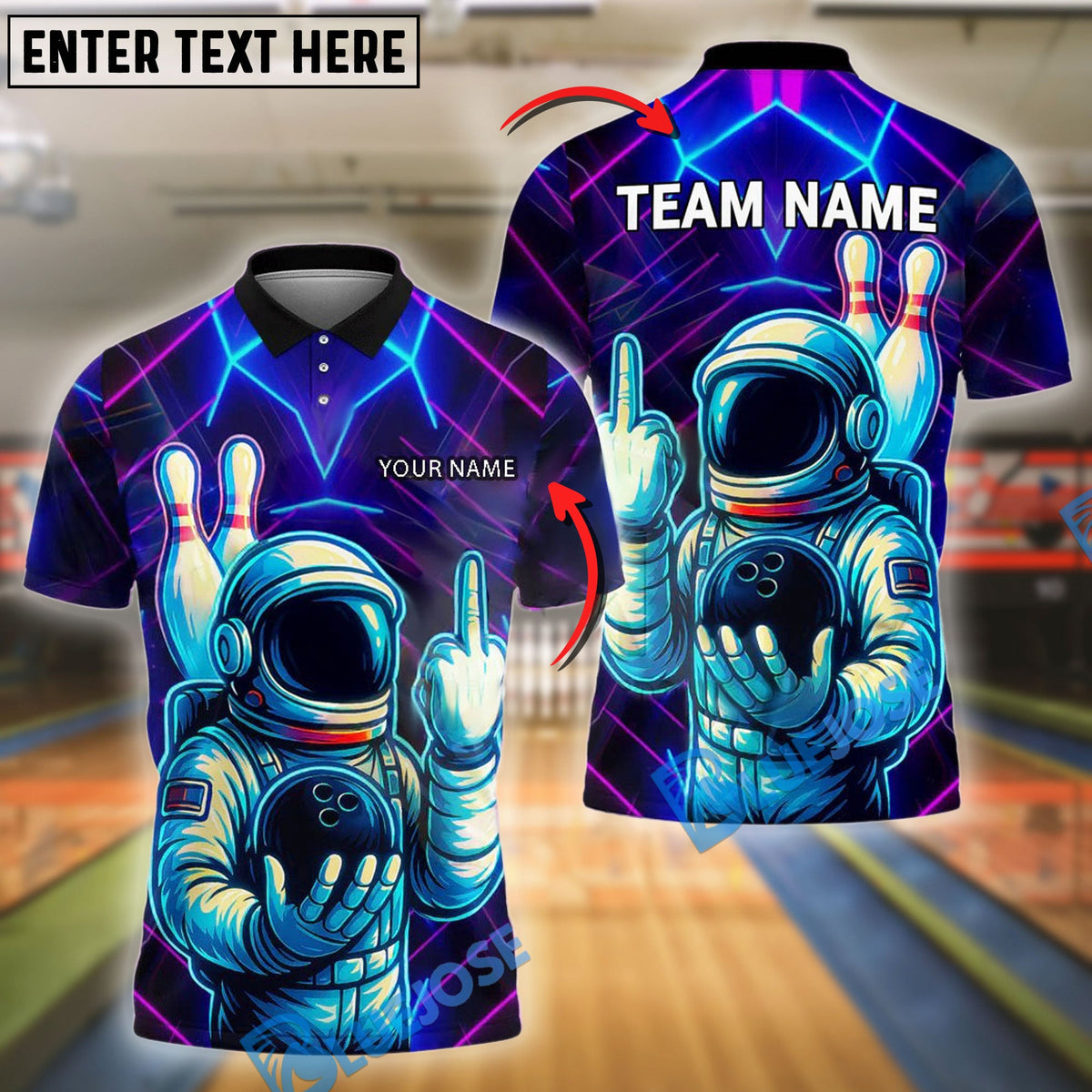 BlueJose Bowling And Pins Astronaut Neon Middle Finger Customized Name, Team Name 3D Shirt (4 Colors)