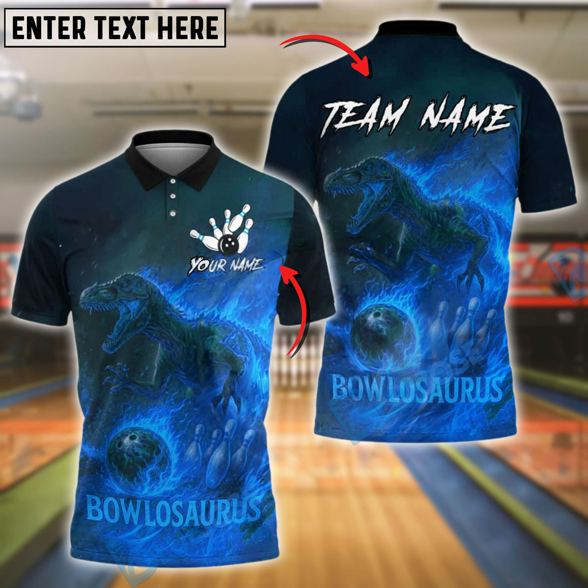 BlueJose Bowling And Pins Bowlosaurus T-Rex Firestorm Customized Name, Team Name 3D Shirt (4 Colors)