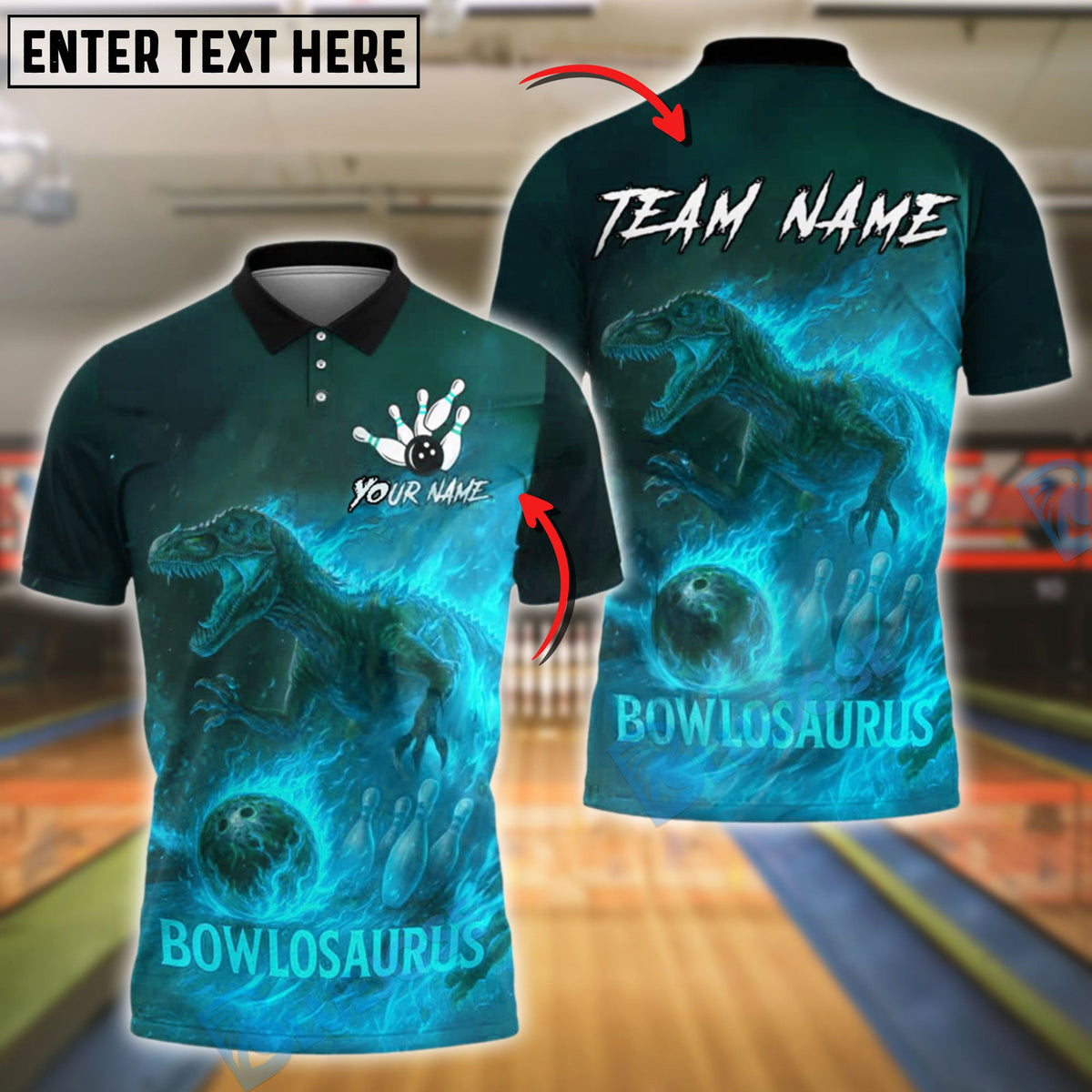 BlueJose Bowling And Pins Bowlosaurus T-Rex Firestorm Customized Name, Team Name 3D Shirt (4 Colors)