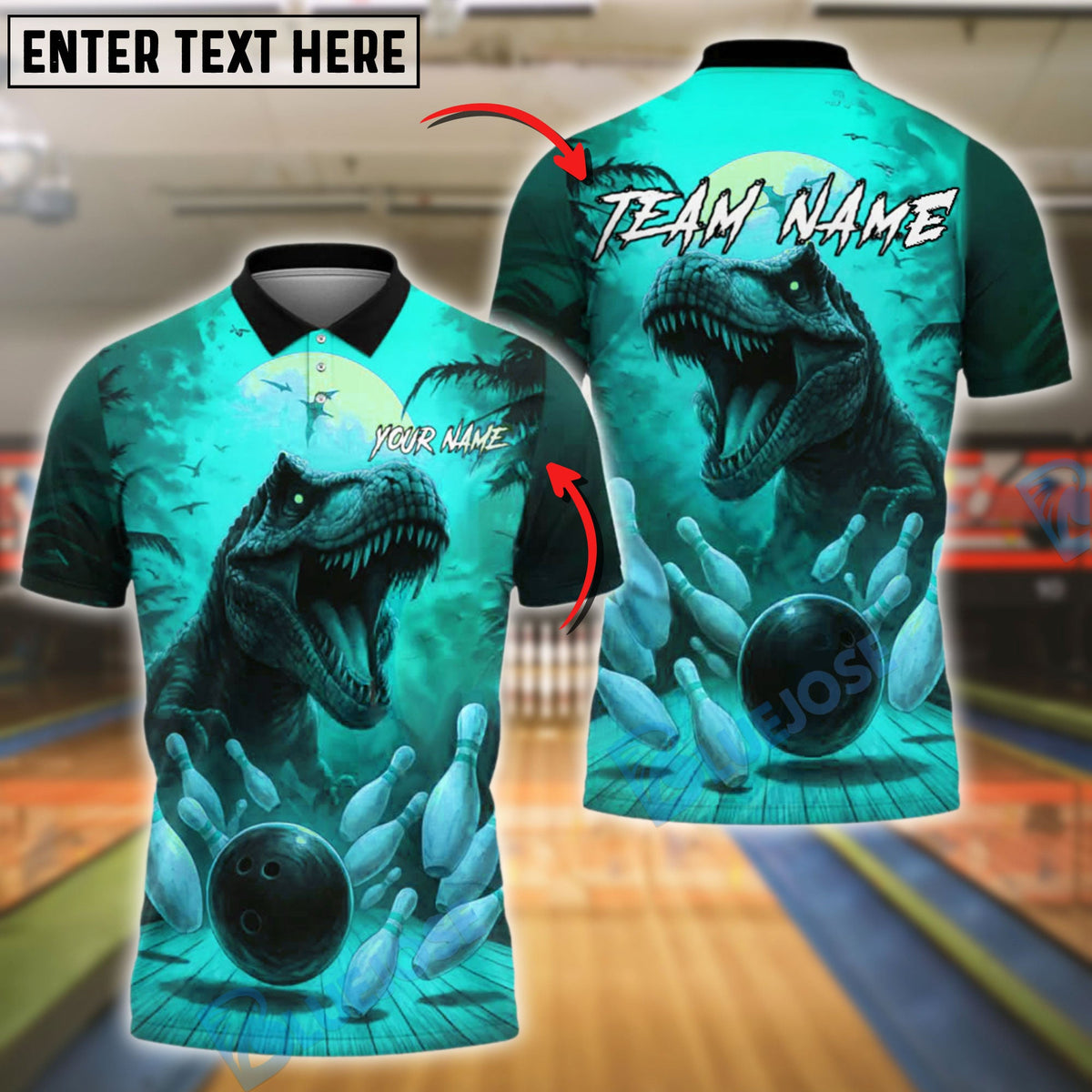 BlueJose Bowling And Pins Dinosaur Moon Strike Design Customized Name, Team Name 3D Shirt (4 Colors)