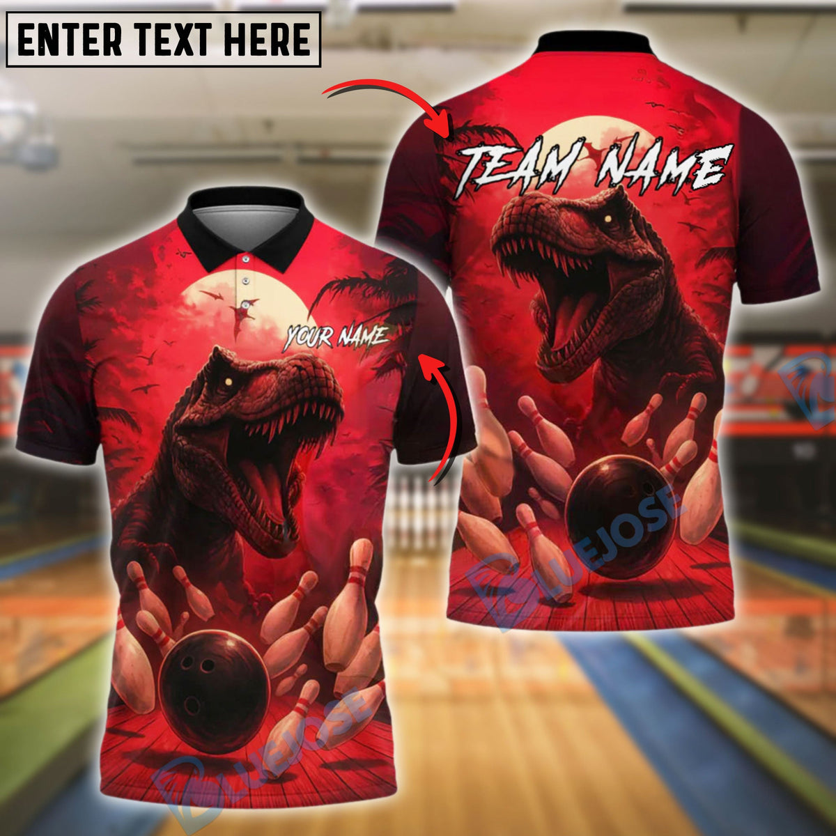 BlueJose Bowling And Pins Dinosaur Moon Strike Design Customized Name, Team Name 3D Shirt (4 Colors)