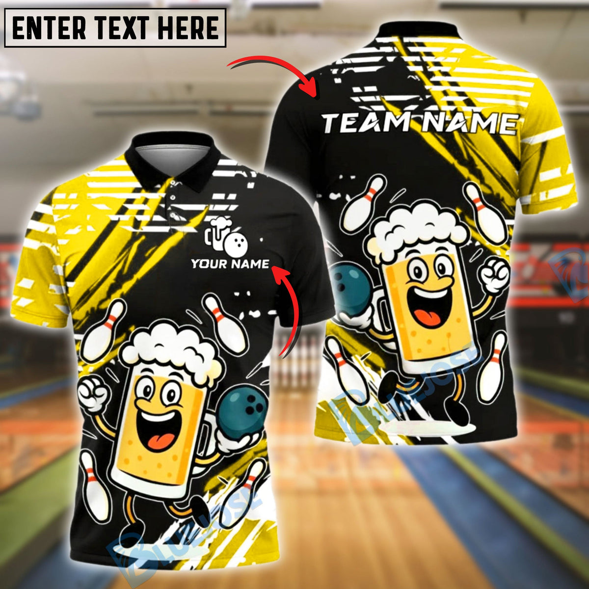 BlueJose Bowling And Pins Happy Beer Mug Dancing Pose Customized Name, Team Name 3D Shirt (4 Colors)
