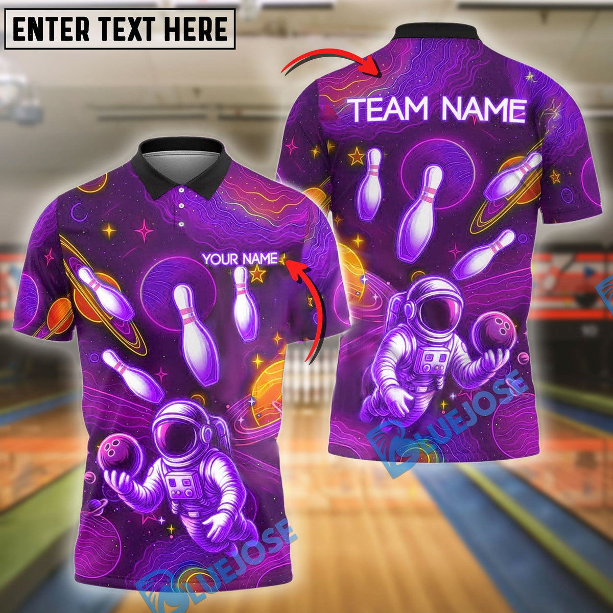 BlueJose Bowling And Pins Space Astronaut Neon Galaxy Customized Name, Team Name 3D Shirt (4 Colors)